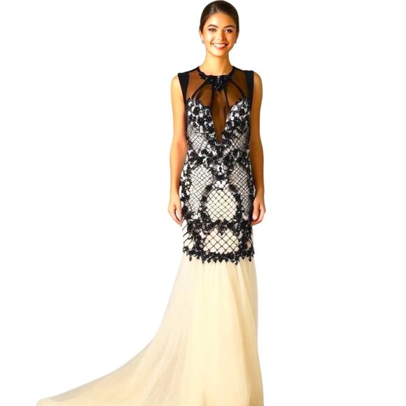 Jolene Mermaid Chiffon Beaded Rhinestone Prom Gown Black Ivory Pageant Size M - Picture 1 of 12
